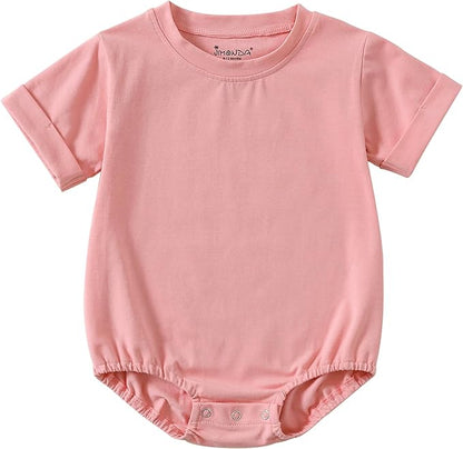 Jimonda Baby Boy Girl Bubble Romper Solid Color Bodysuit Short Sleeve Organic Cotton T-Shirt