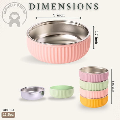 Monkey Proof™ Non-Toxic Stainless Steel Child Bowl 5” with Non-Slip Grooved Silicone Shell, (Set of 4 bowls) Unbreakable, Mess Free Feeding for Babies, Toddlers, Kids, BPA free (Garden Party Grooved)