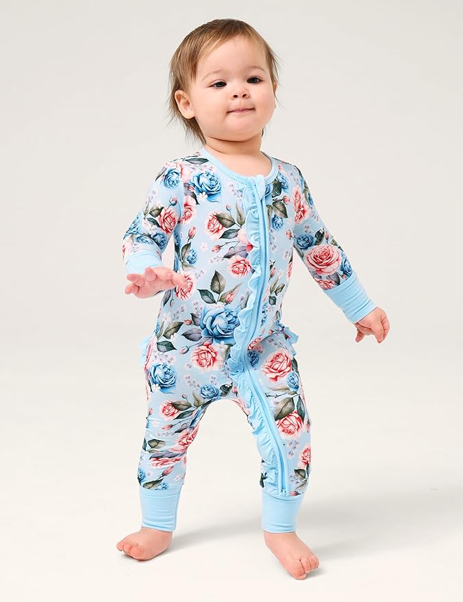 Bamboo Viscose Baby Girl Footless Pajamas Ruffled Baby Sleepers with 2 Way Zipper