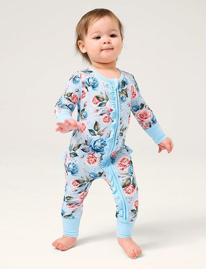 Bamboo Viscose Baby Girl Footless Pajamas Ruffled Baby Sleepers with 2 Way Zipper