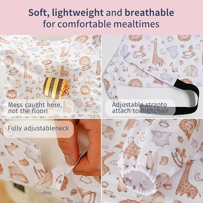 Long Sleeve Baby Bib - Mess-Proof Feeding Bibs for Babies - Adjustable, Waterproof, and Highchair/Table Attachment