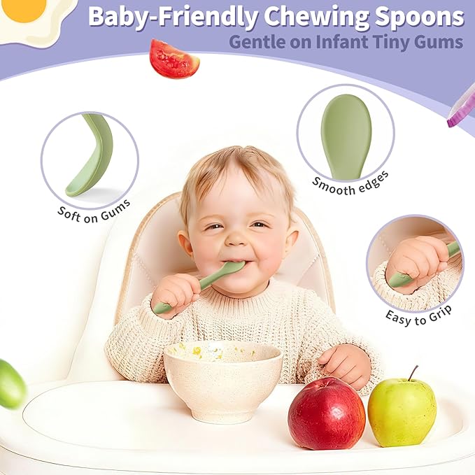 DRKIO 8-Piece Silicone Baby Spoons - Infant Spoons First Stage Self Feeding Baby Led Weaning Supplies Toddler Training Utensils Soft Chewable-Tip Bendable BPA-Free Dishwasher Safe Boil-proof