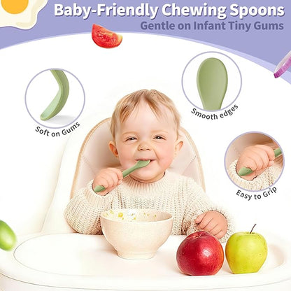 DRKIO 8-Piece Silicone Baby Spoons - Infant Spoons First Stage Self Feeding Baby Led Weaning Supplies Toddler Training Utensils Soft Chewable-Tip Bendable BPA-Free Dishwasher Safe Boil-proof