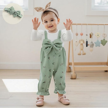Infant Baby Girl Fall Outfit Romper Cherry Print Fake Two Pieces Patchwork Bow Jumpsuit Newborn Winter Clothes