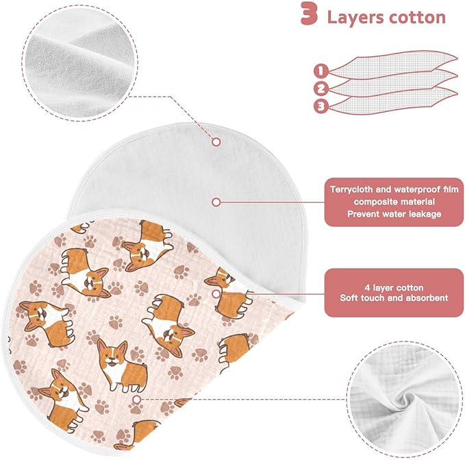 vvfelixl Baby Burp Cloths Cartoon Corgis Baby Newborn Cotton Burping Cloths Set Baby Washcloths 4 Pack Flesh-Colored