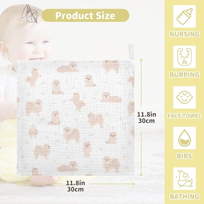 vvfelixl Baby Cotton Washcloths Pomeranian German Spitz Infants Bath Towel for Unisex Puppy Face Towels for Newborn, Natural Baby Wipes Delicate Skin, 11.8 X 11.8 inch, one sizex5