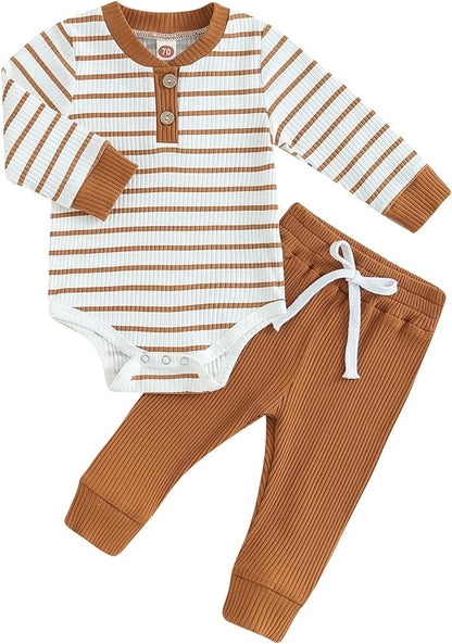 Newborn Baby Boy Girl Clothes Ribbed Knitted Long Sleeve Romper Pants Solid Cotton Infant Fall Winter Outfits 2Pcs