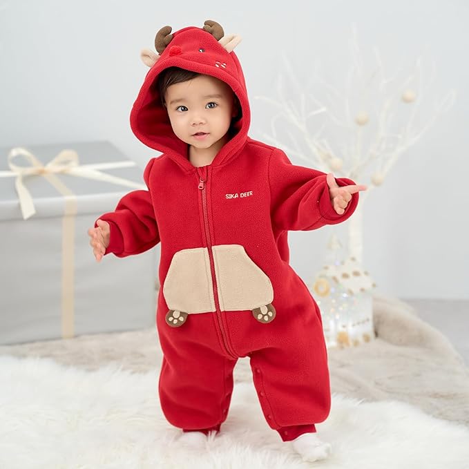 DAVE&BELLA Animal Jumpsuit for Baby Boy Girl, Hooded Winter One-Piece Romper Zip Up Fleece Infant Bodysuit with Snap Closure
