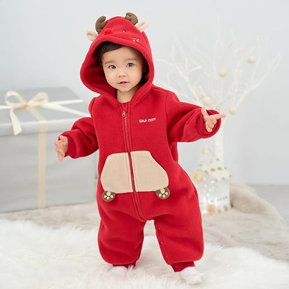 DAVE&BELLA Animal Jumpsuit for Baby Boy Girl, Hooded Winter One-Piece Romper Zip Up Fleece Infant Bodysuit with Snap Closure