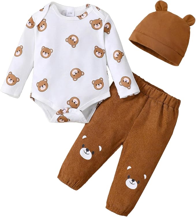 Baby Boy Clothes Infant Newborn Fall Winter Outfits Long Sleeve Letter Print Romper + Hat + Pants Set