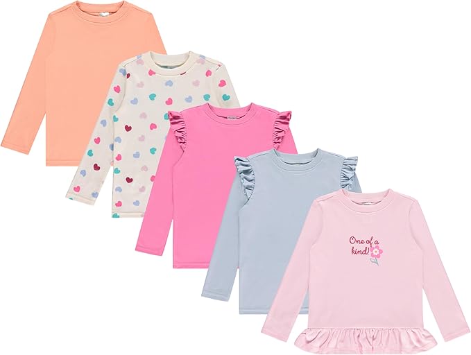 Cudlie 5-Pack Infant/Toddler Girl Long Sleeve Shirt - Basic Baby Tees, Blouses, Tops - Solid Print & Ruffled Tshirts