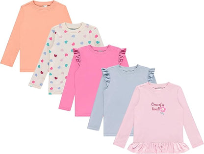 Cudlie 5-Pack Infant/Toddler Girl Long Sleeve Shirt - Basic Baby Tees, Blouses, Tops - Solid Print & Ruffled Tshirts