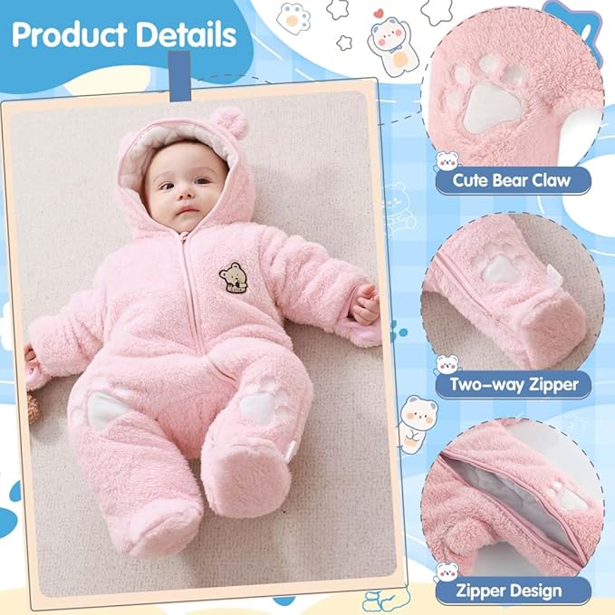 Fairy Baby Newborn Baby Snowsuit Bear Onesie Footie Romper Winter Thick Fleece Jumpsuit Infant Coat for Girls Boys 0-12M