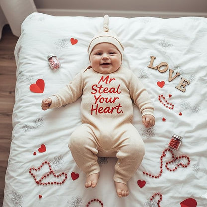 Baby Valentines Outfit Girl Boys Long Sleeve Footie Rib Onesie knot Hat Spring Clothes Newborn Outfits Infant Set