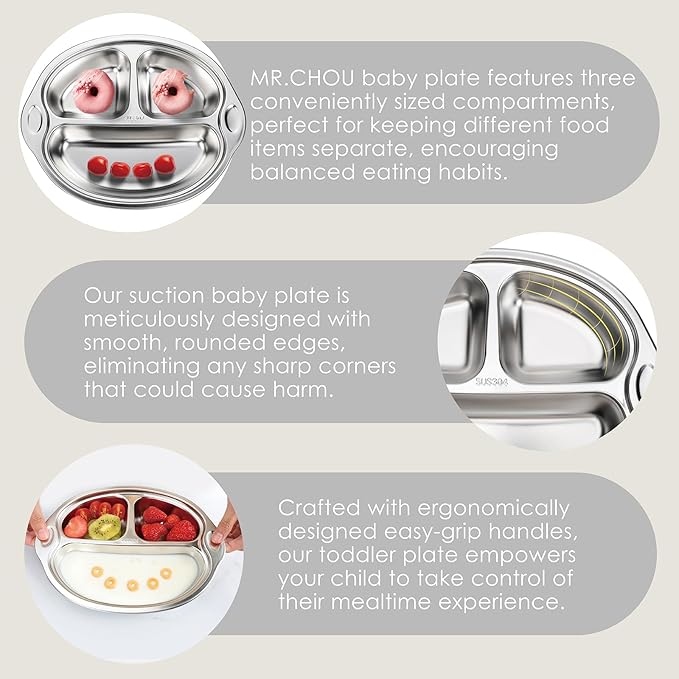 MR. CHOU Stainless Steel Baby Suction Plate, Divided Plates for Babies & Toddlers, 100% Food Grade Kids Plates for Baby Led Weaning, BPA Free Toddler Feeding Supplies, Dishwasher Safe, Gray