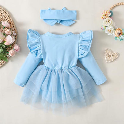 Baby Girl Clothes Infant Ruffle Sleeve Romper Dress Newborn Solid Tutu Skirt Sets Jumpsuit Headband Outfit