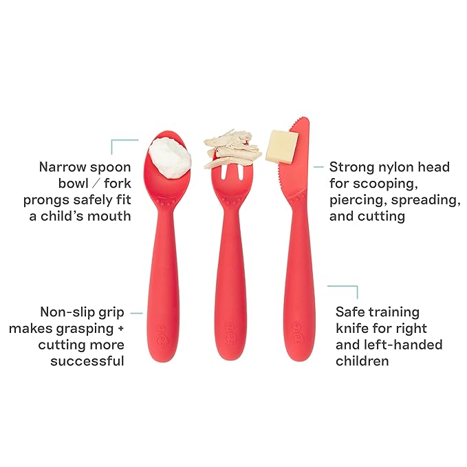 ezpz Happy Utensils - 24 Months+ (Coral) - BPA Free Toddler Utensils - Fork, Spoon and Knife for Toddlers and Preschoolers - For Self-Feeding Development