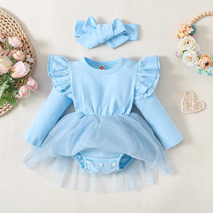 Baby Girl Clothes Infant Ruffle Sleeve Romper Dress Newborn Solid Tutu Skirt Sets Jumpsuit Headband Outfit
