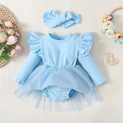 Baby Girl Clothes Infant Ruffle Sleeve Romper Dress Newborn Solid Tutu Skirt Sets Jumpsuit Headband Outfit