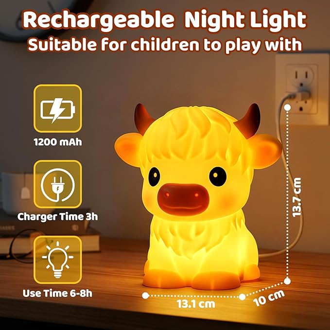 Mewaii Huggwaii Highland Cow Night Light for Kids, Dimmable Squishy Silicone Animal Night Light Touch Cow Lamp, Highland Cow Gifts for Nursery with 30 Auto-Off Timer, Cute Decor for Boys Girls Women