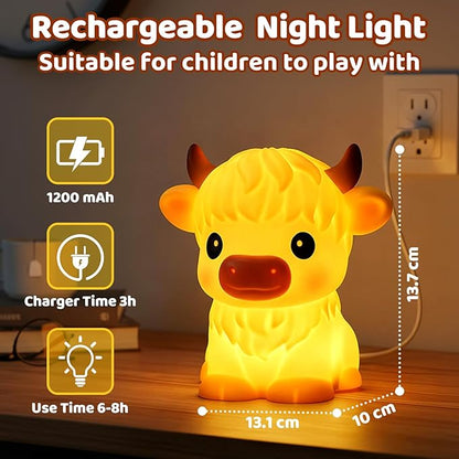Mewaii Huggwaii Highland Cow Night Light for Kids, Dimmable Squishy Silicone Animal Night Light Touch Cow Lamp, Highland Cow Gifts for Nursery with 30 Auto-Off Timer, Cute Decor for Boys Girls Women