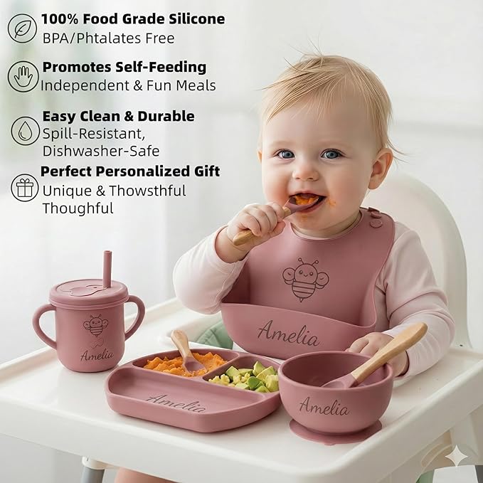 Personalized Name Food Grade 6pcs Baby Feeding Set with Spoon, Fork,Silicone Suction Bowls,Cup,Plate,and bib BPA Free - First Stage Self Feed (Color Muted Deep Pink Y19)