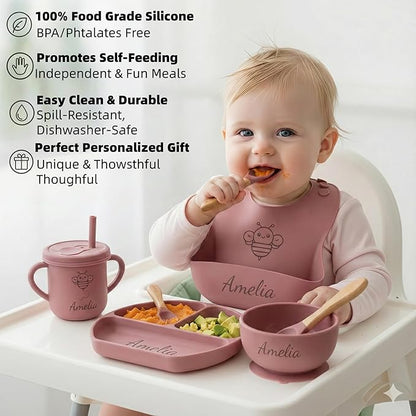 Personalized Name Food Grade 6pcs Baby Feeding Set with Spoon, Fork,Silicone Suction Bowls,Cup,Plate,and bib BPA Free - First Stage Self Feed (Color Muted Deep Pink Y19)