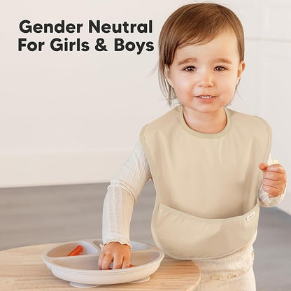 3-Pack Waterproof Baby Bibs for Eating - Lightweight Toddler Feeding Bibs with Large Food Catcher, Mess Proof, Food-Grade Baby Eating Essentials, Easy to Put On & Clean (Jade)