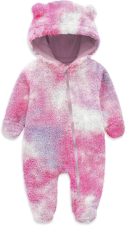 Jimonda Baby Tie Dye Snowsuit Winter Fleece Jumpsuit 0-18 Months, 100% Polyester Hooded Romper with Bear Ears for Infant