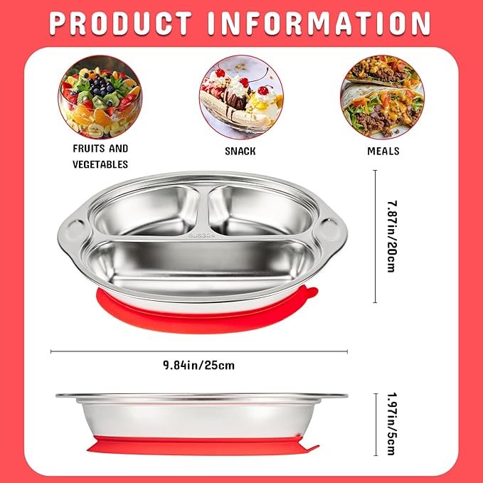 Mrs. Chou® Stainless Steel Baby Suction Plates: Divided Plates for Babies & Toddlers, BPA-Free, Dishwasher Safe, Red