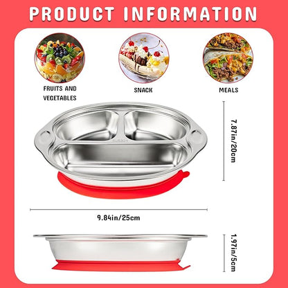 Mrs. Chou® Stainless Steel Baby Suction Plates: Divided Plates for Babies & Toddlers, BPA-Free, Dishwasher Safe, Red