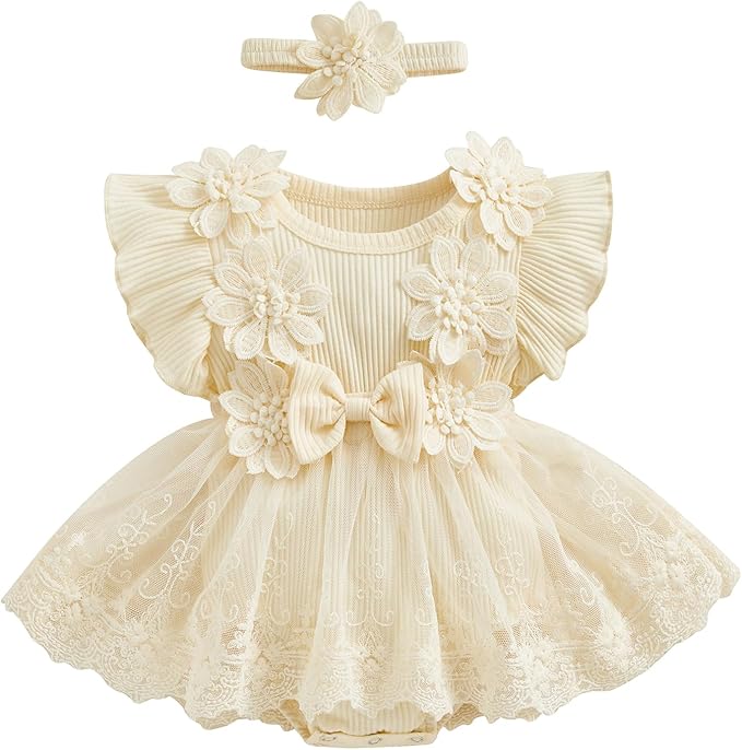 Infant Baby Girl Lace Romper Baby Tulle Dress Romper Flowers Bodysuit Spring Summer Festival Clothes with Headband