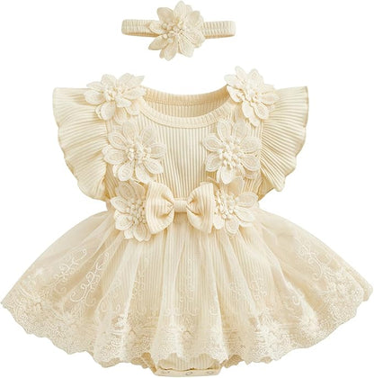 Infant Baby Girl Lace Romper Baby Tulle Dress Romper Flowers Bodysuit Spring Summer Festival Clothes with Headband