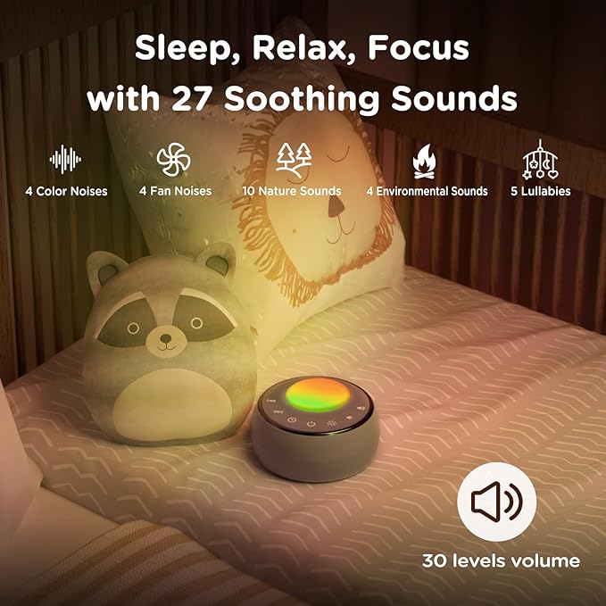 Peakeep White Noise Portable Sound Machine Sleeping Light for Adults Baby, Loud Clear Speaker, 25 Hours Continuous Audio 27 Noise Fan Nature No-looping Sounds, 30 Volume, Battery Operated