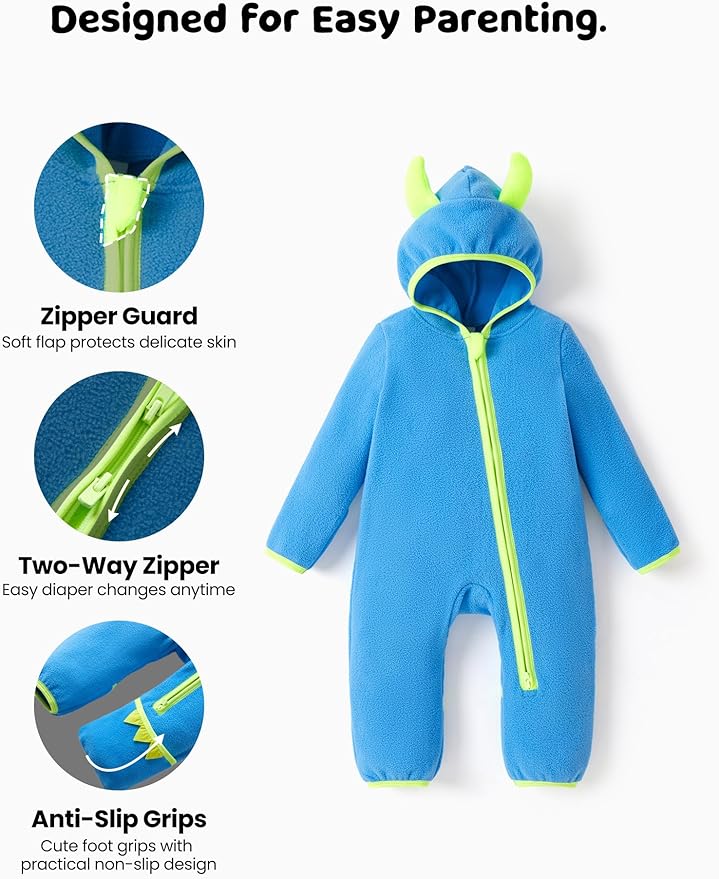 PATPAT Fleece Hooded Footed Clothes, Soft Warm Footie Covers, Car Seat Friendly, Easy Zip,Cute Romper Newborn Infant Jumpsuit