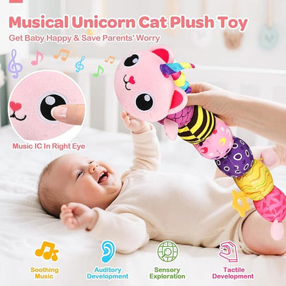 Baby Toys 0-6 6-12 Months, Sensory Musical Animal Stuffed Plush Unicorn Cat Toy for Infant 0-3-6 Months & Up, Tummy Time with Mirror Crinkle Rattle, Christmas Baby Shower Gifts for Newborn Boys Girls