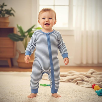 Karuedoo Newborn Infant Baby Boy Clothes Striped Waffle Long Sleeve Zipper Romper Jumpsuit One-Piece Fall Winter Outfit