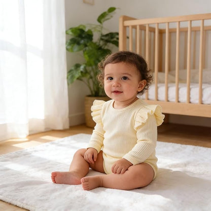 ROMPERINBOX Baby Girl Bodysuit 2 Pack, Long Sleeve Ribbed Knitted Onsies Ruffle Collar and Flutter Sleeve Fall Winter Clothes