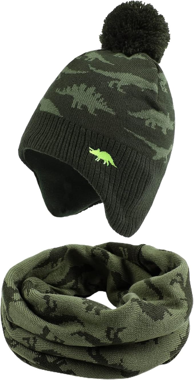 JANGANNSA Knitted Baby Hat Scarf Set Winter Warm Boys Girls Beanie Fleece Lining Toddler Kids Hats with Pompom