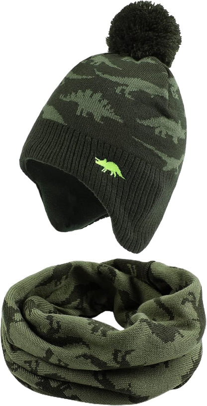 JANGANNSA Knitted Baby Hat Scarf Set Winter Warm Boys Girls Beanie Fleece Lining Toddler Kids Hats with Pompom