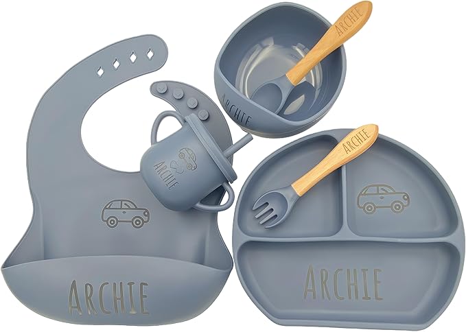 Personalized Name Food Grade 6pcs Baby Feeding Set with Spoon, Fork,Silicone Suction Bowls,Cup,Plate,and bib BPA Free - First Stage Self Feed (Color Dark Gray Y10)