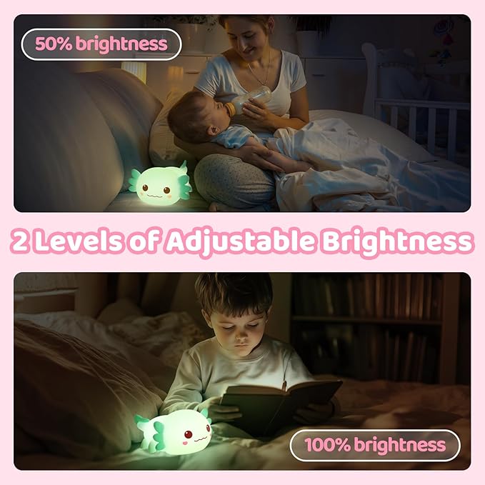 Mewaii Huggwaii Squishy Axolotl Night Light for Kids – Dimmable Silicone Axolotl Lamp, 2025 Upgraded Design, 20H Battery Life Rechargeable Lamp,Safe Sleep Aid Gift for Toddlers, Girls&Baby Room Decor