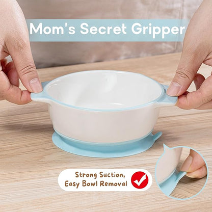 Ceramic Suction Bowl for Babies and Toddlers, Non-Slip Silicone Suction Cup, BPA-Free Lids, Independent feeding, First Stage Self Feeding Essential, Led Weaning Snack Feeder BLUE