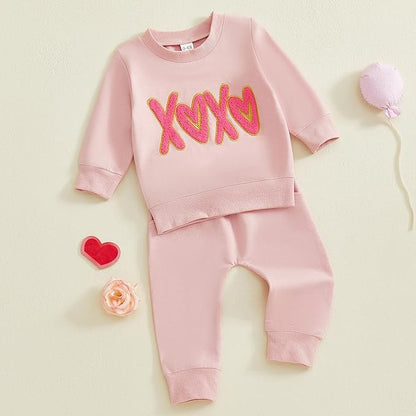 Toddler Girl Valentines Day Outfit Waffle Heart Sweatshirt Pants Set Baby Girls Spring Pullover Top Jogger Clothes