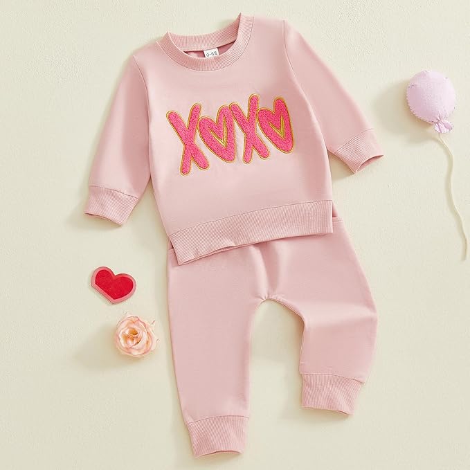 Toddler Girl Valentines Day Outfit Waffle Heart Sweatshirt Pants Set Baby Girls Spring Pullover Top Jogger Clothes