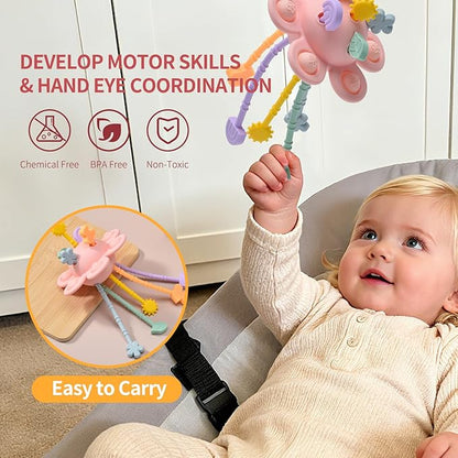 Little Rawr Silicone Baby Sensory Montessori Toys & Pull String Teething Toys for 18 M+, Toddler Birthday Gift Car Seat Airplane Travel Toy for 1 2 Year Old Boy Girl Infant 18 Months Old (Pink)