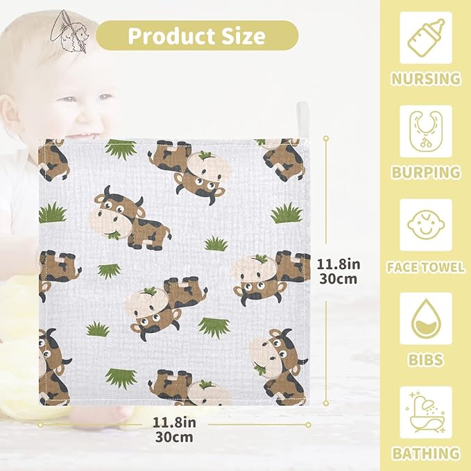 vvfelixl Cotton Brown Cow Grass Muslin Washcloths - Soft Baby Face Towel for Newborns, 11.8 X 11.8 Inch, 3 Pack