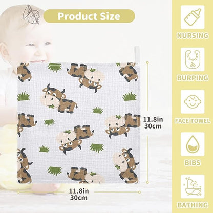 vvfelixl Cotton Brown Cow Grass Muslin Washcloths - Soft Baby Face Towel for Newborns, 11.8 X 11.8 Inch, 3 Pack