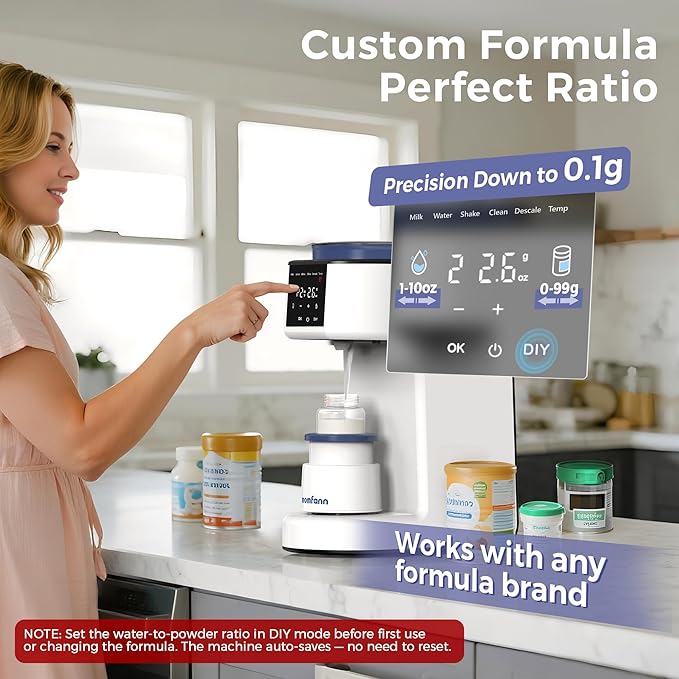 Automatic Baby Formula Maker – Fast Formula Dispenser for Instantly Mixing Warm Bottles with Precise Powder & Water Ratio, 3 Temp Settings, One-Touch Clean, Fits Most Bottles & Formula Brands