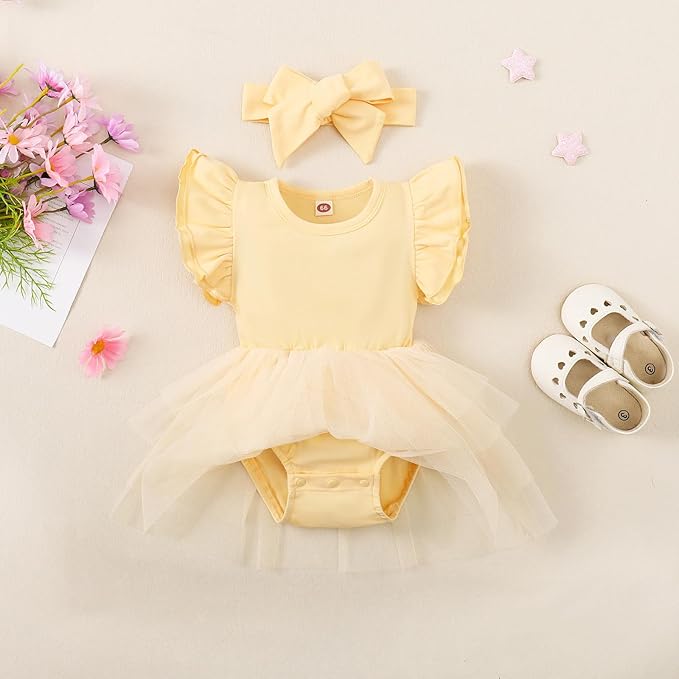Baby Girl Clothes Infant Ruffle Sleeve Romper Dress Newborn Solid Tutu Skirt Sets Jumpsuit Headband Outfit